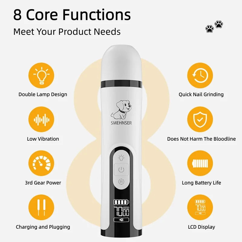Electric Pet Nail Grinder with LED Light – USB Rechargeable, 3-Speed Quiet Trimmer for Dogs & Cats