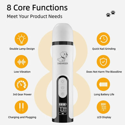 Electric Pet Nail Grinder with LED Light – USB Rechargeable, 3-Speed Quiet Trimmer for Dogs & Cats
