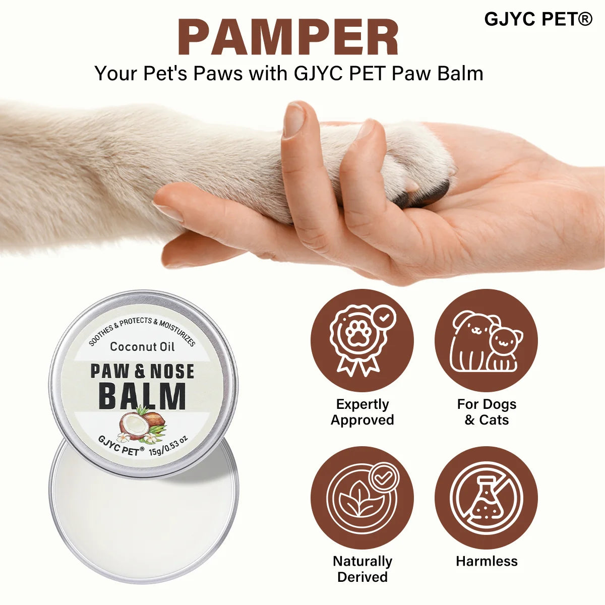 GJYC PET Coconut Oil Dog & Cat Nose and Paw Balm – Lick-Safe Natural Moisturizer for Dry, Cracked Paws and Snout