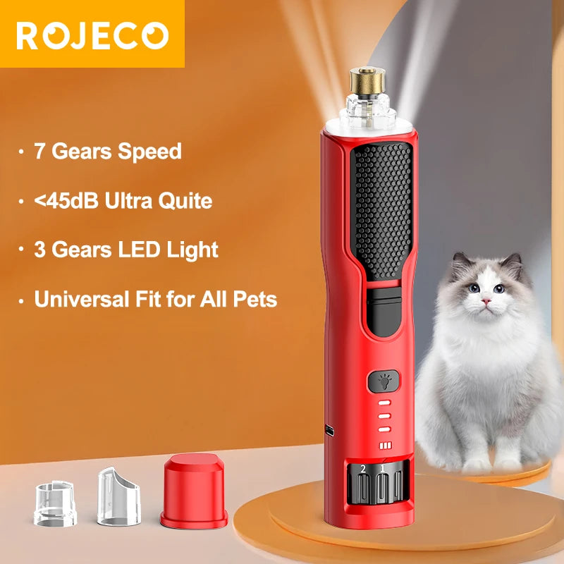 ROJECO Electric Pet Nail Grinder with LED Light – 7-Speed USB Rechargeable Quiet Trimmer for Dogs & Cats
