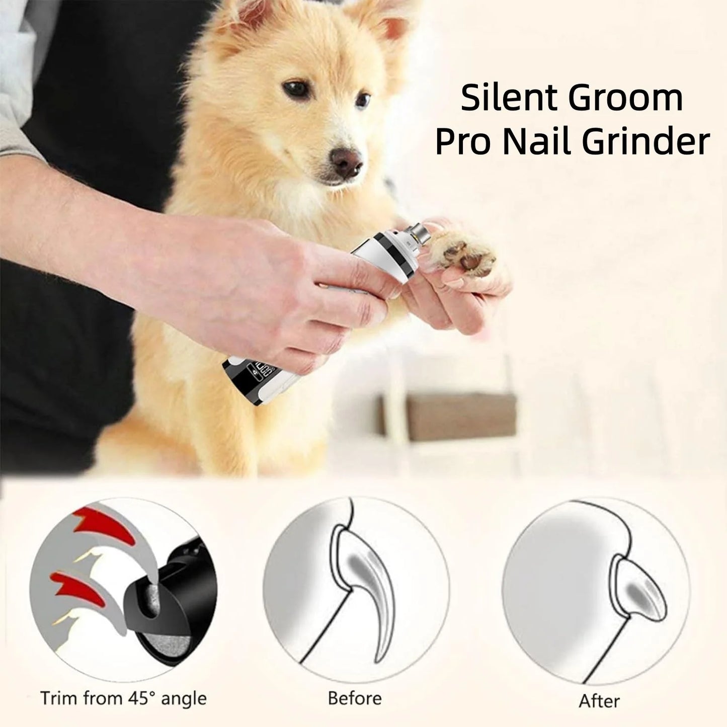 Electric Pet Nail Grinder with LED Light – USB Rechargeable, 3-Speed Quiet Trimmer for Dogs & Cats