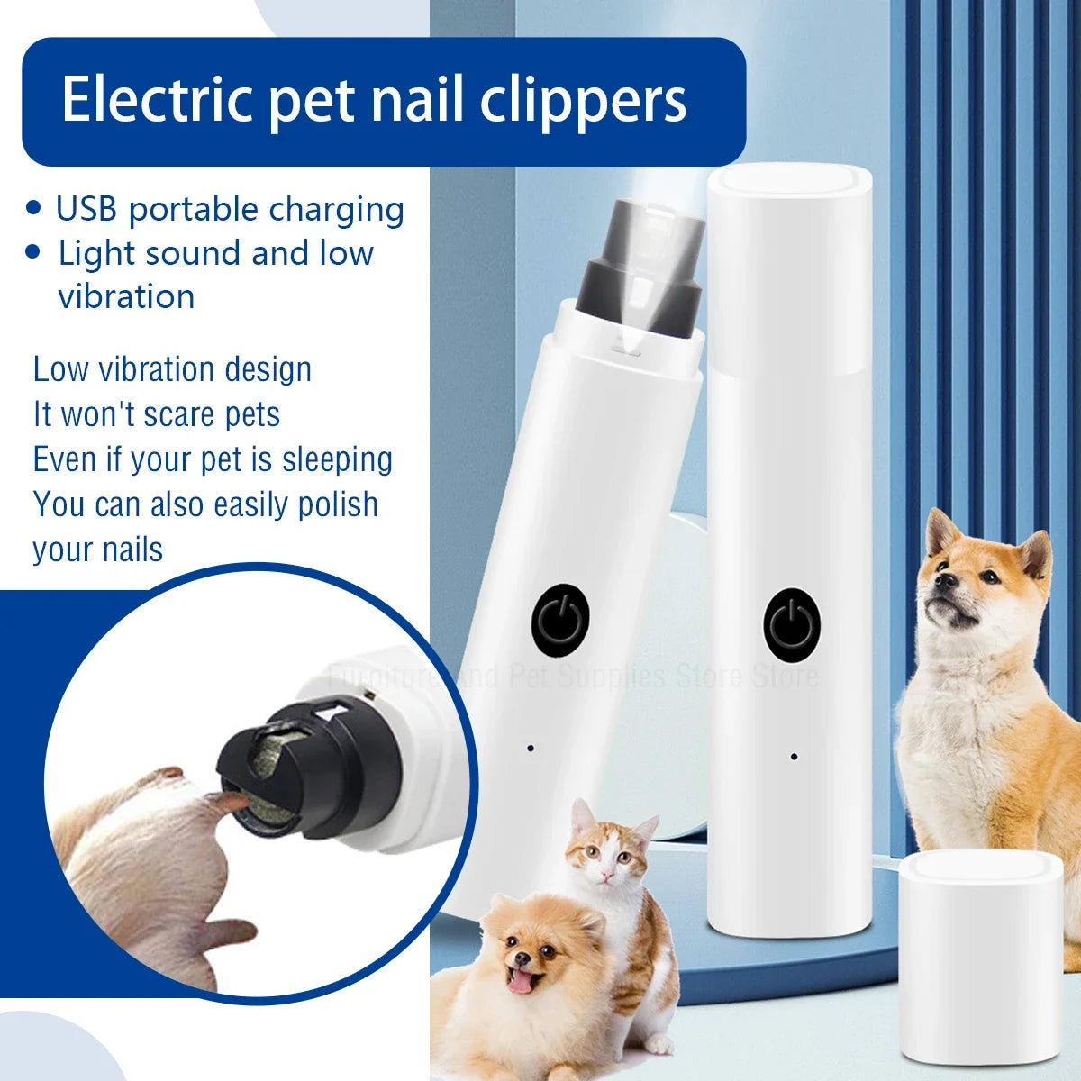 Electric Pet Nail Grinder with LED Light – USB Rechargeable, 2-Speed Quiet Trimmer with 3 Port Sizes for Dogs & Cats