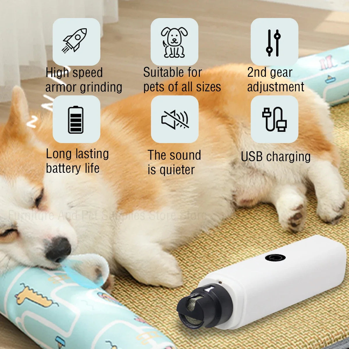 Electric Pet Nail Grinder with LED Light – USB Rechargeable, 2-Speed Quiet Trimmer with 3 Port Sizes for Dogs & Cats