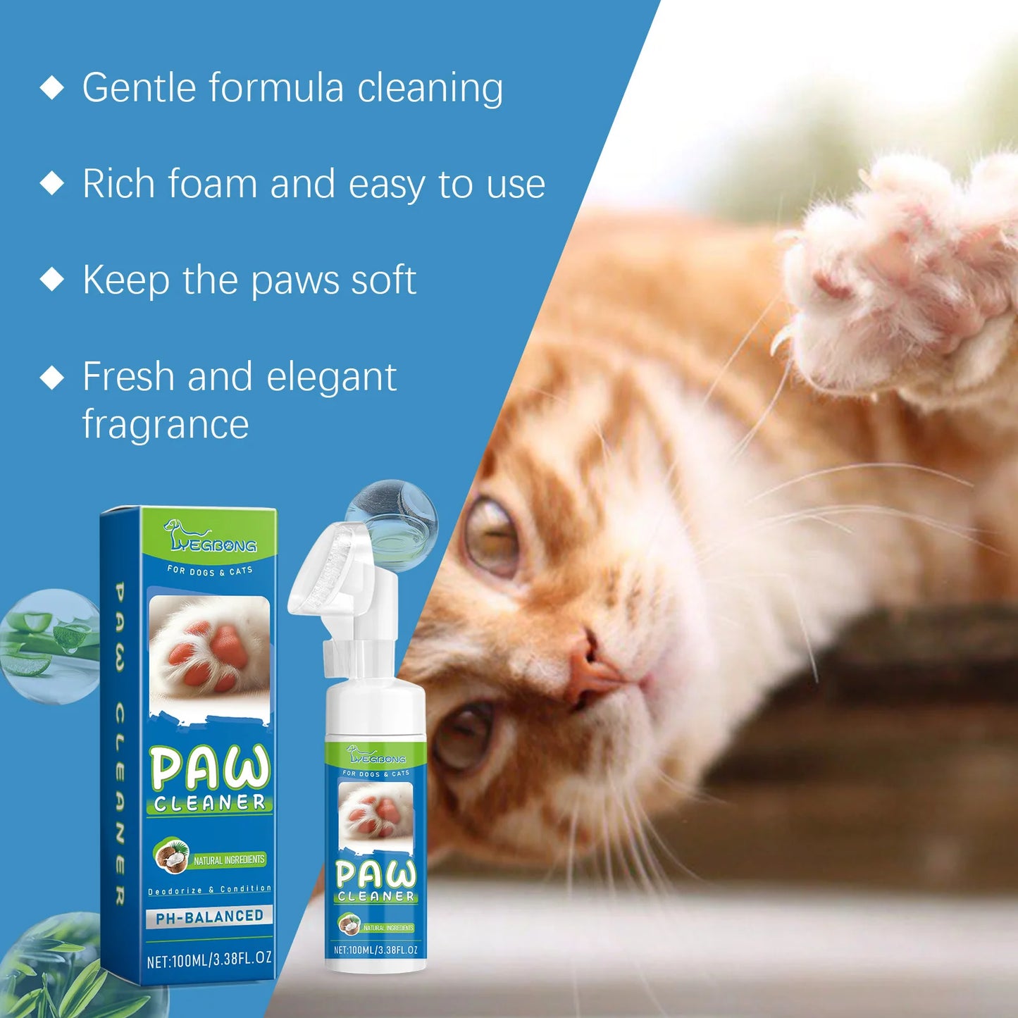 YEGBONG Pet Paw Cleaning Foam – Deep Cleansing Moisturizing Foot Care Foam with Silicone Brush for Dogs & Cats